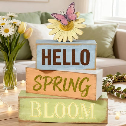 Spring Decoration Wooden Tiered Tray Decor – Rustic Hello Spring Bloom Stacked Block Sign with Butterfly Daisy Topper – Farmhouse Tabletop Spring Decor for Living Room Shelf Kitchen Coffee Bar Seasonal Home Display