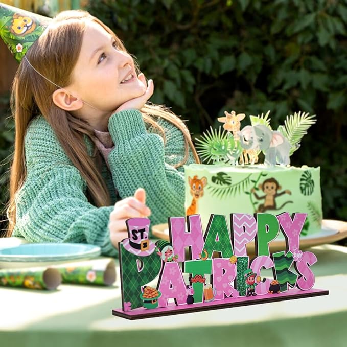 St Patricks Day Decor for Table Happy St Patrick's Day Decoration Wooden Centerpieces Rustic Farmhouse Sign for Tabletop Home Shelf Office St Patricks Day Party Decoration Pink