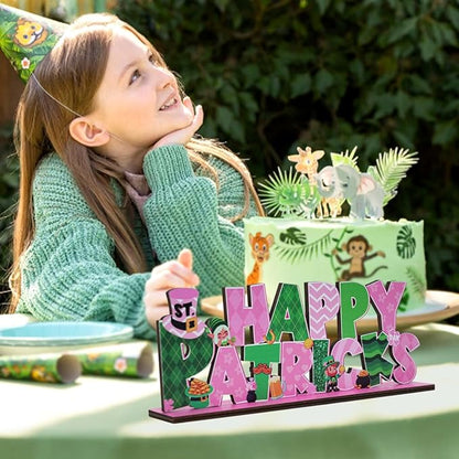 St Patricks Day Decor for Table Happy St Patrick's Day Decoration Wooden Centerpieces Rustic Farmhouse Sign for Tabletop Home Shelf Office St Patricks Day Party Decoration Pink