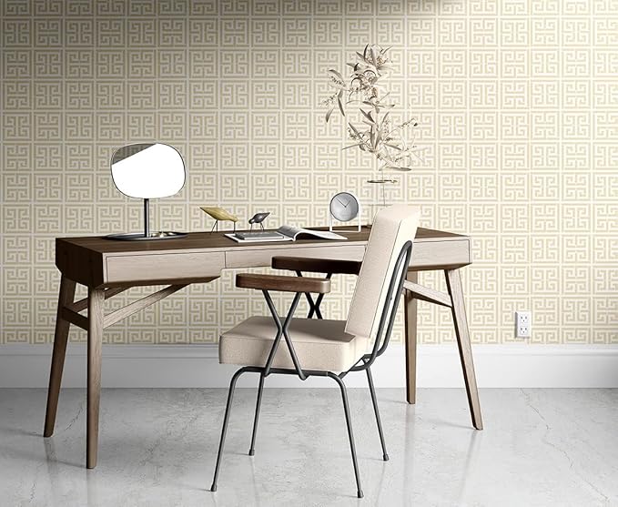 Greek Key Pattern Wallpaper 17.7"x236.0" Textured Metallic Gold on White Peel and Stick Wallpaper Geometric Embossed Self Adhesive Waterproof