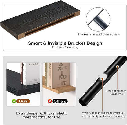 Fun Memories Floating Shelves - 2 Pack 9 Inch Rustic Wooden Wall Shelves - Extra Deeper & Thicker Wall Mounted Storage Shelf for Living Room, Kitchen, Farmhouse - 24" W x 9" D x 1.6" H - Rustic Black