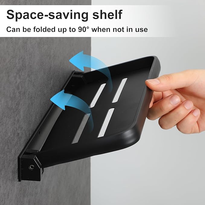 2Pcs Bathroom Shelves No Drill Wall Mounted Foldable Shlf Small Floating Metal Adhesive Shelves for Laundry Toilet Room Shower Wall Organizer (Black)