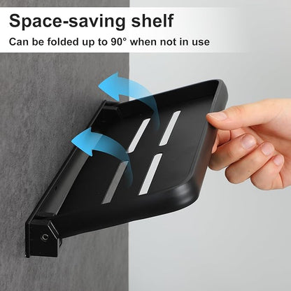 2Pcs Bathroom Shelves No Drill Wall Mounted Foldable Shlf Small Floating Metal Adhesive Shelves for Laundry Toilet Room Shower Wall Organizer (Black)