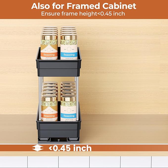 Pull Out Spice Rack Organizer for Cabinet, Slide Out Spice Racks Organizer, Easy to Install Spice Cabinet Organizers, 4.33''Wx10.62''Dx8.66''H, 3 Packs -2 Tiers (Black)