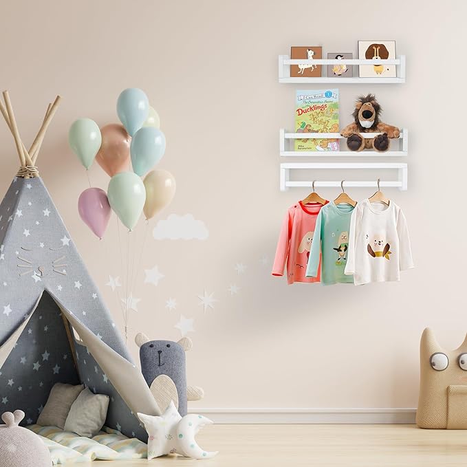 Floating Book Shelves for Wall, 16.5 inch Natural Wood Nursery Shelves for Book, Solid Pine Wooden Floating Bookshelf for Bedroom Living Room, Set of 3, White