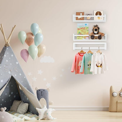 Floating Book Shelves for Wall, 16.5 inch Natural Wood Nursery Shelves for Book, Solid Pine Wooden Floating Bookshelf for Bedroom Living Room, Set of 3, White