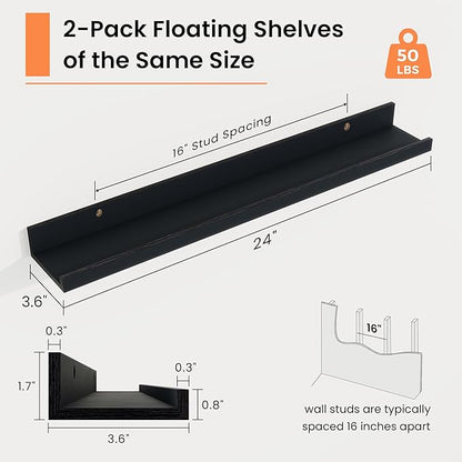 RICHFOCUS Picture Ledge Shelf, 24 inch Floating Shelves Set of 2, Wood Wall Shelves with Lip, Wall Decor Storage for Bedroom Living Room Bathroom Kitchen Nursery Photo Picture, Black