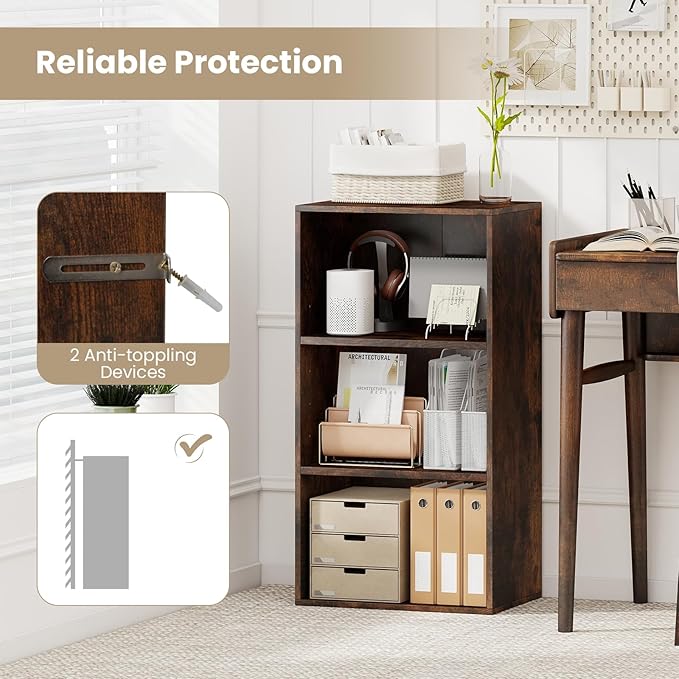 Giantex 3 Shelf Bookcase, Book Shelves Cube Storage Organizer, Open Storage Cabinet Multi-Functional Home Office Bedroom Furniture Display Bookcases, Rustic Brown