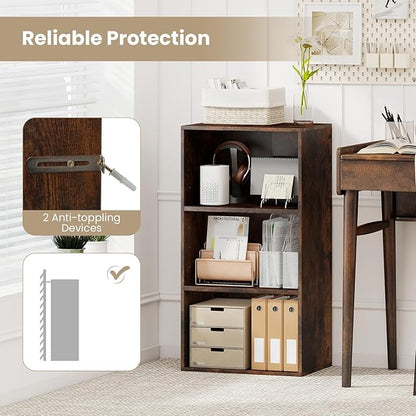 Giantex 3 Shelf Bookcase, Book Shelves Cube Storage Organizer, Open Storage Cabinet Multi-Functional Home Office Bedroom Furniture Display Bookcases, Rustic Brown