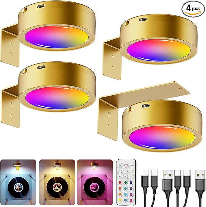 RGB USB Rechargeable Picture Lights, Gold 2600mAh Battery Operated Art Lights for Paintings Wireless Light Over Picture Frame Cordless LED Gallery Wall Light Remote Spotlight for Poster Photo Artwork