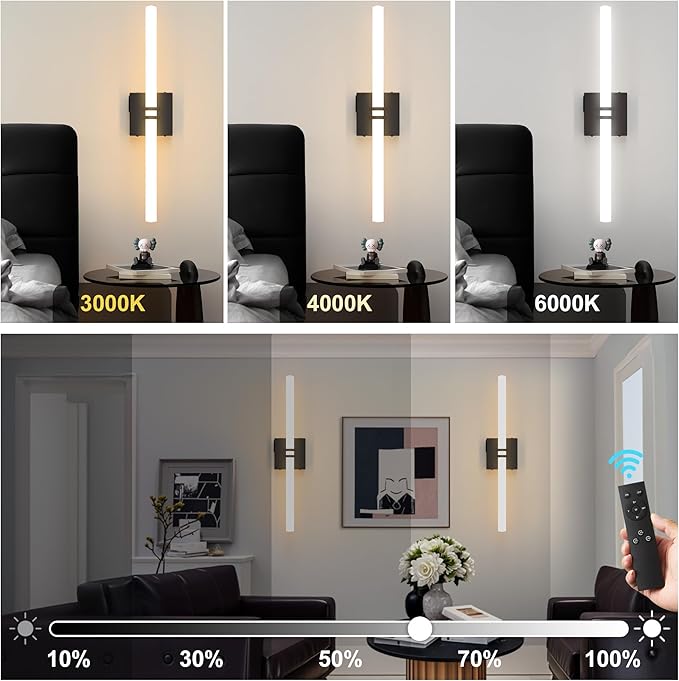 Battery Operated Wall Sconce 1Pack, Black Rechargeable Wall Lights with Dimmable Remote Control, 22 Inch 3000K-6000K LED Wireless Wall Lamps for Bedroom, Hallway, Background Wall