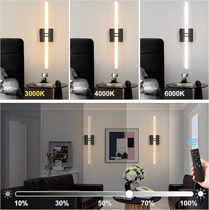 Battery Operated Wall Sconce 1Pack, Black Rechargeable Wall Lights with Dimmable Remote Control, 22 Inch 3000K-6000K LED Wireless Wall Lamps for Bedroom, Hallway, Background Wall