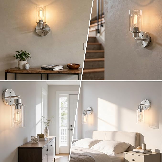 1-Light Bathroom Wall Sconce with Clear Glass Shade, Modern Vanity Light Fixture Over Mirror for Bathroom, Bedroom, Hallway, Living Room-Brushed Nickel