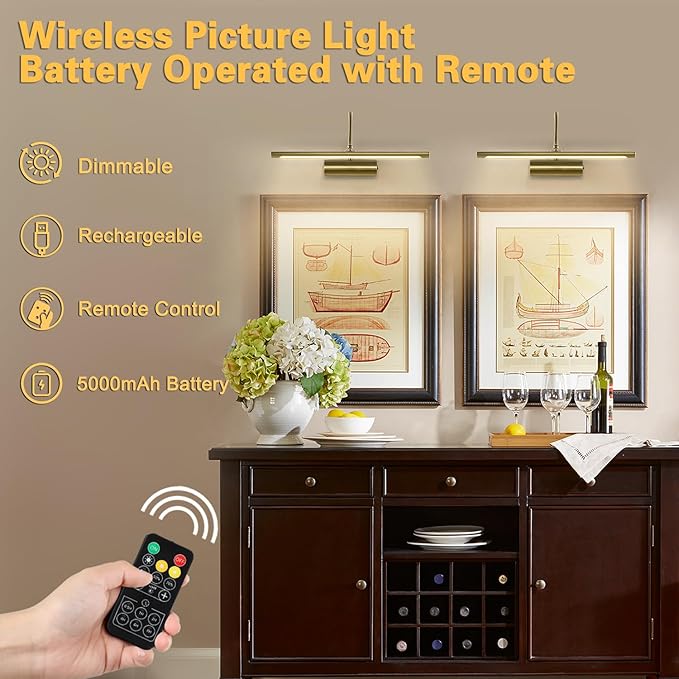 JOOSENLUX Battery Operated Picture Lights Gold Wall Lights Wireless Flexible Neck with Remote Rechargeable Wall Lights for Pictures 16