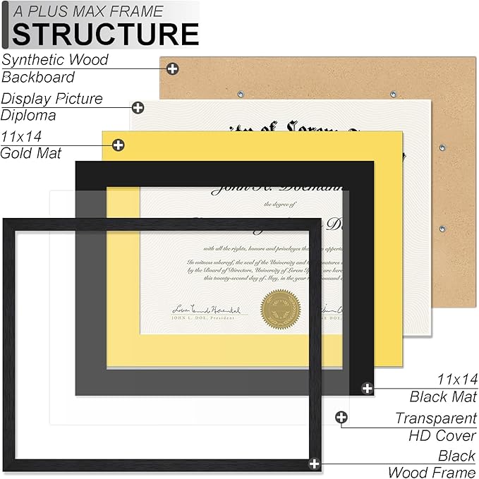 A PLUS MAX 11x14 Diploma Frame Display 8.5 x 11 Certificate with Black & Gold Mat, Engineered Wood Document Frame with Black Wood Grain for Masters Associates Bachelor Degree - 1 Pack