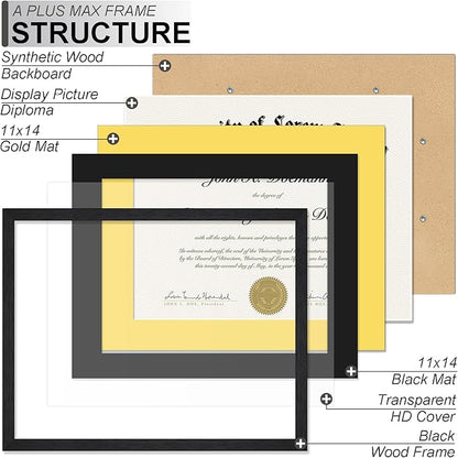 A PLUS MAX 11x14 Diploma Frame Display 8.5 x 11 Certificate with Black & Gold Mat, Engineered Wood Document Frame with Black Wood Grain for Masters Associates Bachelor Degree - 1 Pack