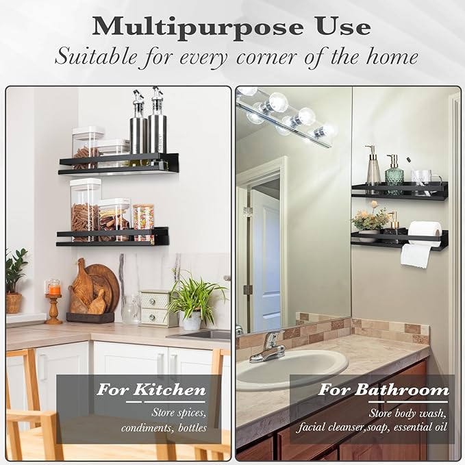 Lallisa 2 Pieces Stainless Steel Shelf Bathroom Shower Floating Shelves Wall Mounted Shower Caddy Basket Shelf Storage Organizer Shelves for Bathroom, Kitchen, Living Room (Black,11.81 Inch/ 30 cm)