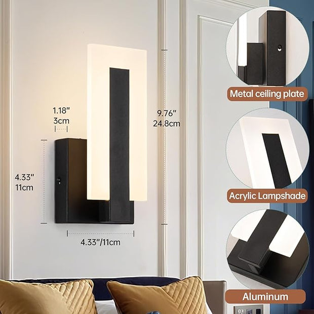 Modern LED Wall Sconce Lighting, 8W Indoor Acrylic Wall Light Set of 2, 3000K Warm White Hardwired Black Wall Mounted Lights for Hallways, Bedrooms, Hallways, Living Room, Home Room Decor