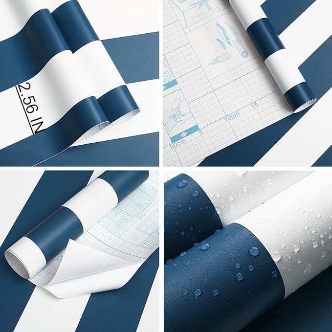 Guvana 118"x17.7" Blue and White Striped Contact Paper Navy Blue Peel and Stick Wallpaper Modern Removable Wallpaper Self-Adhesive Wall Paper for Accent Wall Countertop Shelf Drawer Decor