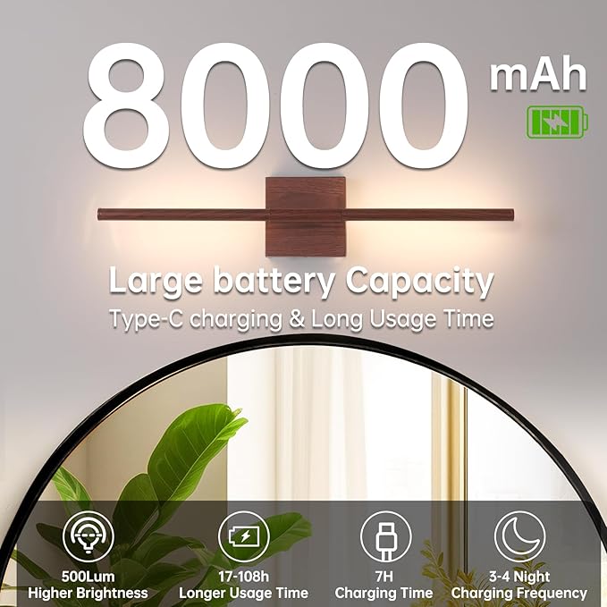 Battery Operated Wall Sconce Set of 2, 8000mAh Rechargeable Wall Sconces, 3000K-6000K Dimmable, 350°Rotate, Indoor Wall Lights for Bedroom Living Room Bathroom, Black Walnut, 23.6 Inch