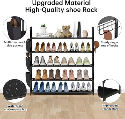 5 Tier Freestanding Shoe Rack, Space Saving Shoe Organiser with Side Pockets and Metal Hooks, Adjustable Shoe Rack for Entrances, Corridors, Dormitories, Holds 20-26 Pairs of Shoes, Metal Bracket