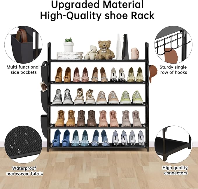 5 Tier Freestanding Shoe Rack, Space Saving Shoe Organiser with Side Pockets and Metal Hooks, Adjustable Shoe Rack for Entrances, Corridors, Dormitories, Holds 20-26 Pairs of Shoes, Metal Bracket