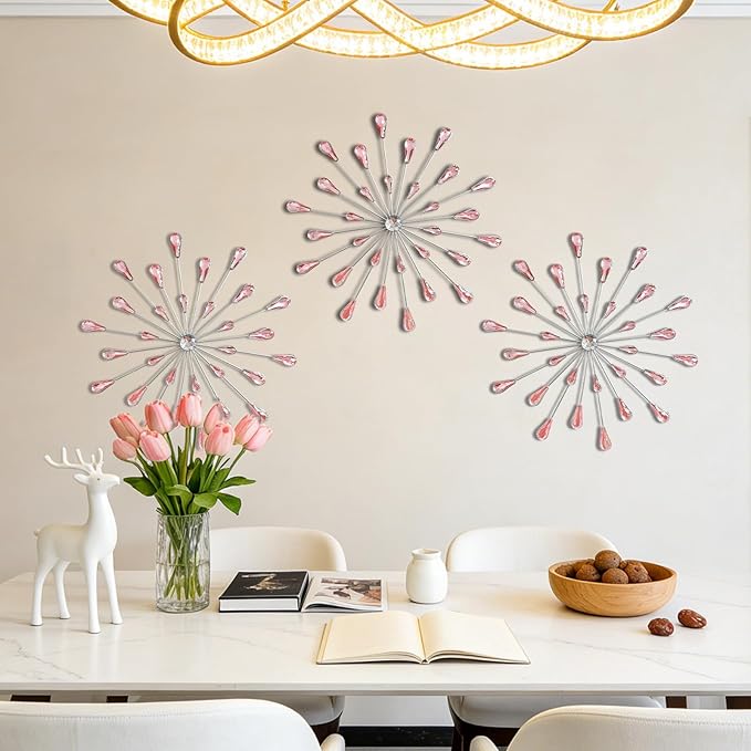 ZEXUIRU 3 Pack Silver Sunburst Wall Decor – Metal Crystal Wall Art with Sparkling Rhinestones, 14’’/18 Inch Starburst Wall Hanging Set for Living Room Bedroom Bathroom – Modern Bling Home Decorations