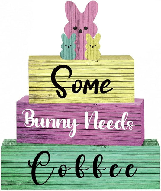4 Pcs Easter Decorations for Home Easter Tier Tray Decor Bunny Coffee Sign Coffee Bar Station Decor Rustic Farmhouse Decorations for Home Kitchen Office Shelf Tabletop Centerpieces
