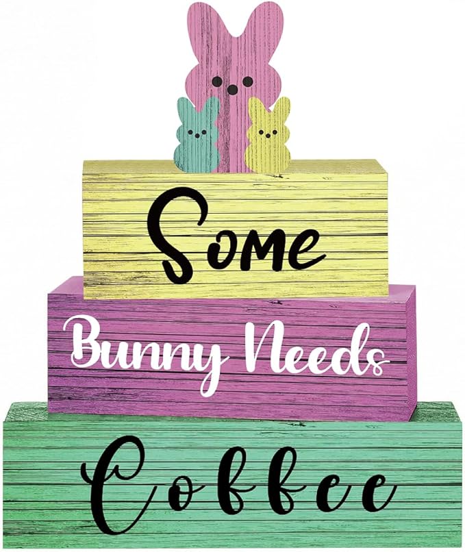 4 Pcs Easter Decorations for Home Easter Tier Tray Decor Bunny Coffee Sign Coffee Bar Station Decor Rustic Farmhouse Decorations for Home Kitchen Office Shelf Tabletop Centerpieces