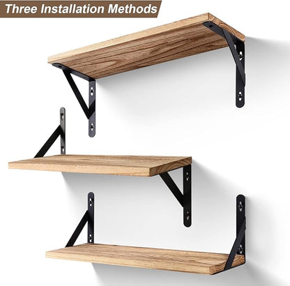 AGM Floating Shelves, Bathroom Shelf Set of 2, Rustic Wood Wall Mounted Shelf for Storage&Room Decor, Floating Shelf for Plants, Book, Bathroom, Bedroom, Kitchen, Office, Living Room(Light Brown)