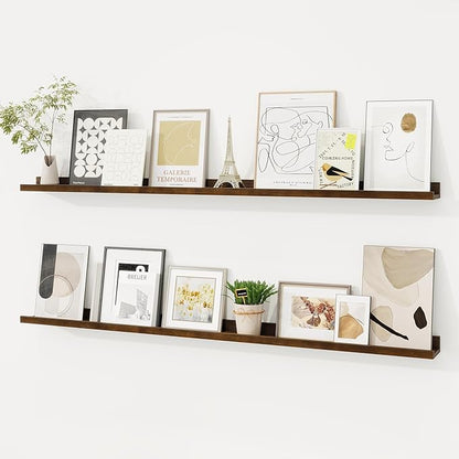 Picture Ledge Shelf, Floating Shelves Set of 2, 48 Inches Solid Wood Nursery Book Shelves for Toys Storage, Kids Bookshelf Wall Mounted for Living Room Bedroom Decor Books Photo Frames, Walnut
