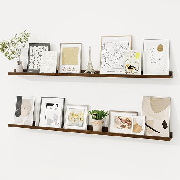 Picture Ledge Shelf, Floating Shelves Set of 2, 48 Inches Solid Wood Nursery Book Shelves for Toys Storage, Kids Bookshelf Wall Mounted for Living Room Bedroom Decor Books Photo Frames, Walnut