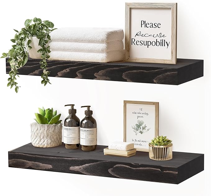 17x8x1.6 inch Floating Shelves Set of 2 – Solid Wood Rustic Black Wall Mounted Shelf for Kitchen, Bathroom, Living Room