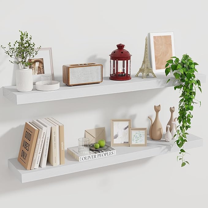 Marsmiles Wood Floating Shelves for Wall Set of 2, 36 Inch Wide Rustic Wooden Floating Shelves, Invisible Wall Mounted Display for Living Room Bedroom Kitchen Bathroom Office, Black