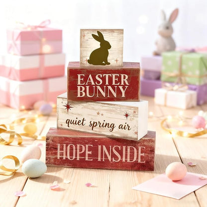 Easter Decorations - Easter Bunny Tiered Tray Decor - Wooden Bunny Tabletop Sign - Rustic Farmhouse Spring Home Decor Indoor for Tiered Tray Shelf Mantel Entryway Coffee Table - Spring Home Decor for Living Room, Kitchen Counter