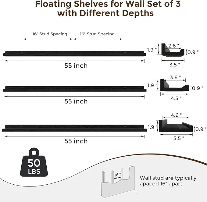 RICHFOCUS Floating Shelves for Wall, 55 inch Solid Wood Picture Ledge Shelf for Wall Storage, Nursery Book Shelves with Lip for Living Room Bathroom Bedroom Kitchen, Set of 3, Distressed Black