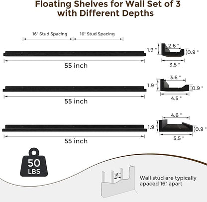 RICHFOCUS Floating Shelves for Wall, 55 inch Solid Wood Picture Ledge Shelf for Wall Storage, Nursery Book Shelves with Lip for Living Room Bathroom Bedroom Kitchen, Set of 3, Distressed Black