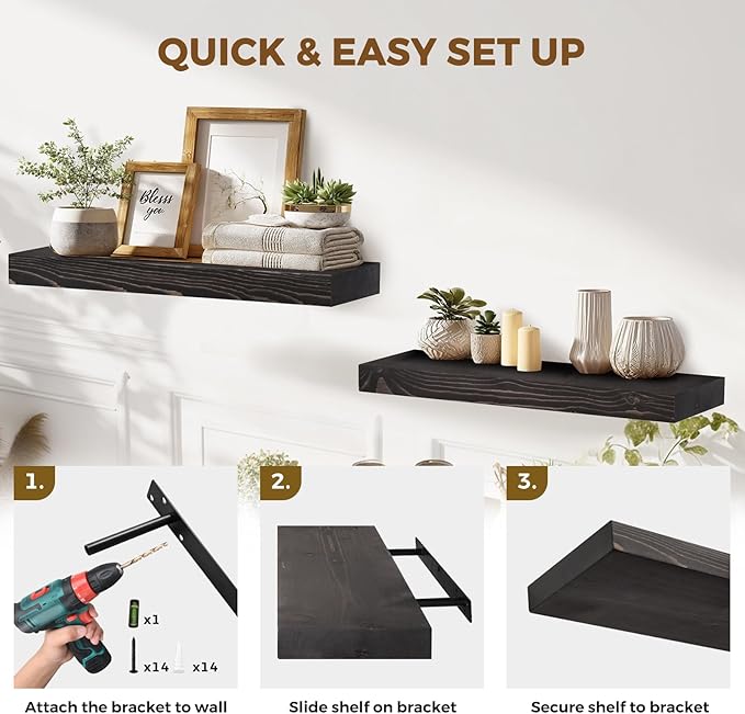 24x8x1.6 inch Floating Shelves Set of 2 – Solid Wood Rustic Black Wall Mounted Shelf for Kitchen, Bathroom, Living Room