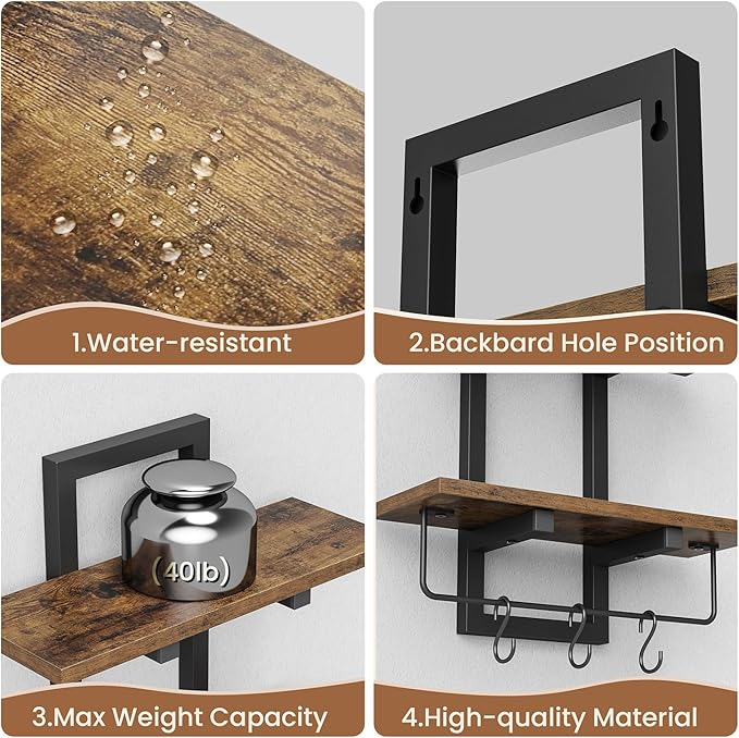 Floating Shelves for Wall Set of 2, Wood Wall Shelf with 6 Hooks, 2 Tier Hanging Decorative Storage Shelves for Living Room Bedroom Bathroom Kitchen Office Coffee Bar, Rustic Brown