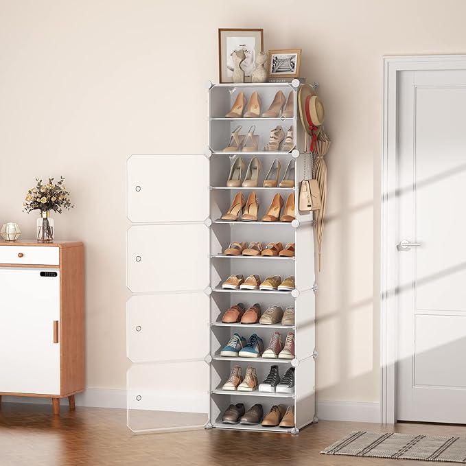 10 Tier Shoe Storage Cabinet with Door, Portable Narrow Organizer Rack for 20 Pairs, White Plastic with Hooks for Entryway or Bedroom