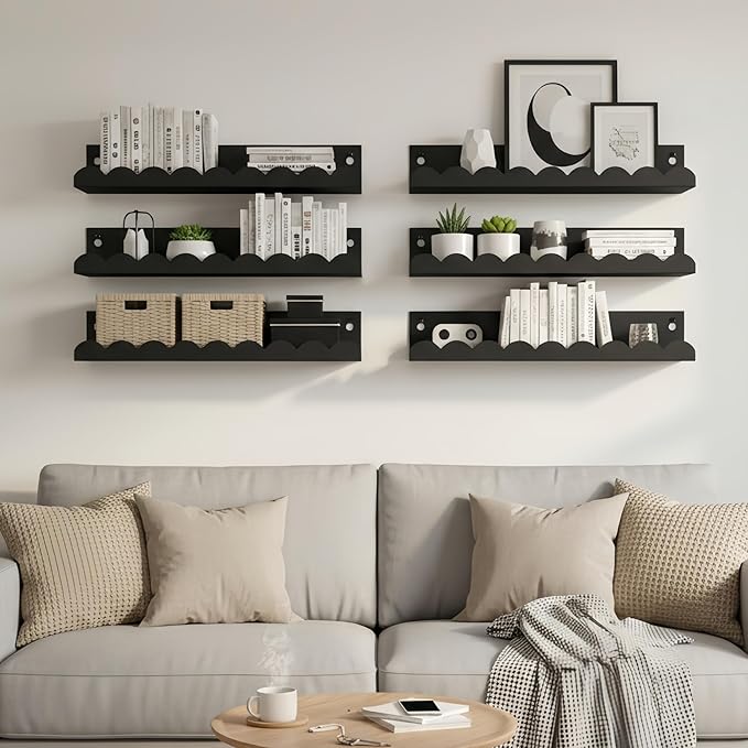 Nursery Book Shelves Set of 6, Black Metal Floating Shelves for Wall, 16 Inch Scalloped Book Shelf for Kids Room, Bathroom, Bedroom, Playroom Wall Decor & Storage