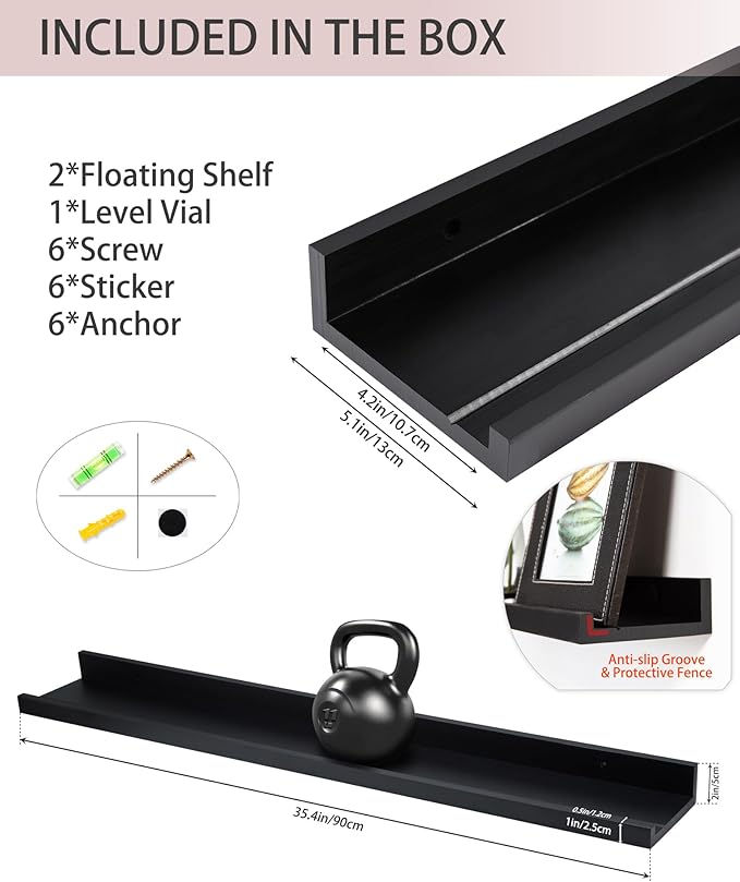 MBYD 36 Inch Floating Shelves Black, Wooden Hanging Shelves Picture Ledge Shelf, Photo Ledge Shelves for Wall with Lip Set of 2, Wall Mounted Shelf for Bedroom Kids Room Bathroom Same Sizes
