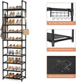 LANTEFUL 10 Tiers Shoe Rack 25 Pairs Large Capacity Tall Shoe Organizer Sturdy Shoe Storage with Two Hooks Space Saving Metal Narrow Shoe Rack for Closet, Entryway, Bedroom, Black