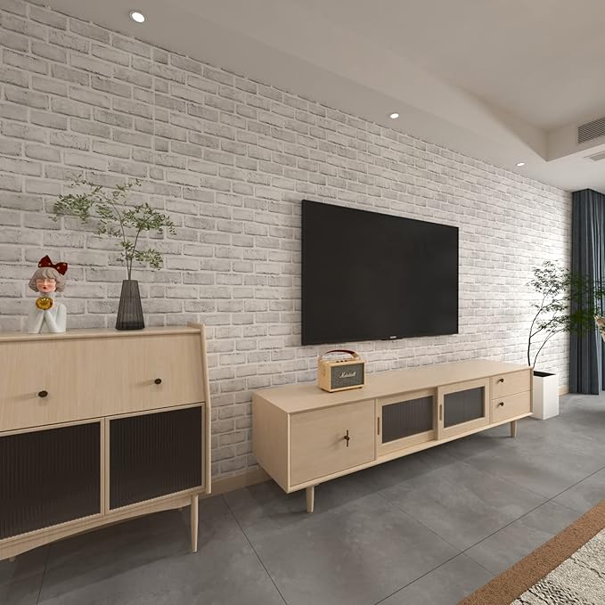 Cohoo Home Brick Wallpaper Peel and Stick Contact Paper 120inL 18inW Faux 3D Brick Contact Paper for Wall White Gray Self Adhesive Removable Wallpaper Backsplash Bedroom Wall Sticky Waterproof Thick