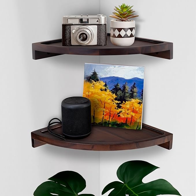 Demigo Floating Round Corner Shelves for Wall 2pcs, Acacia Wood Wall-Mounted Storage Shelves for Home Decor, Space Saving Displays for Living Room, Kitchen, Office, and Bedroom (Dark Brown)