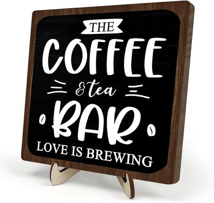 Coffee Bar Decor Sign, Rustic Wooden Plaque for Coffee Lovers, Farmhouse Shelf Accent, Gift for Espresso Fans, Kitchen or Café Desk Display, 5.9 x 5.9Inch(Black+Brown)