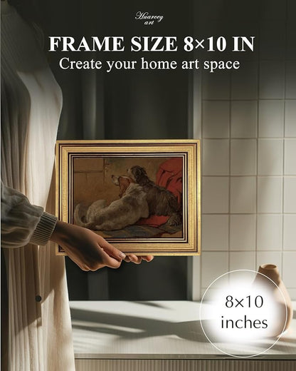 HUARCEY Gold Framed Vintage Wall Art for Living Room Dogs Oil Painting Wall Decor– Cozy Pet-Themed Aesthetic Room Decor for Bedroom Prints Study Classic Animal Artwork Gift for Dog Lovers 8"x10"