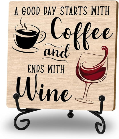 Coffee And Wine Desk Decor Sign, Rustic Wooden Sign With Stand, A Good Day Starts With Coffee And Ends With Wine Sign For Farmhouse Home Kitchen Bar Shelf Table, Gifts For Family Friends Coworker