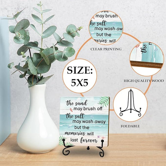 Beach Wooden Sign Desk Decor Wood Plaque with Support Stand, Coastal Decor Beach Summer Decorations for Home Office Porch Beachy Room Shelf Desk Accessories, Summer Vacation Gifts for Women Men Friend