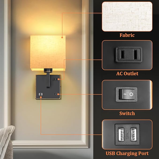 AVV Wall Sconce Lighting, Bedside Wall Mount Light with USB Port, AC Outlet and 3 Color 2700K/4000K/5000K Selectable, Fabric Linen Shade, Wall Lamps for Bedroom Living Room Hotel, Hardwire, Black, 2PK